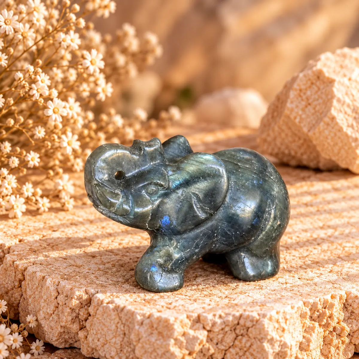 Labradorite crystal elephant carving detail view