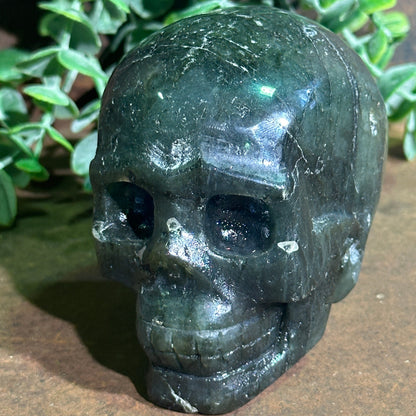 Labradorite Crystal Skull 574g with blue green gold flash for spiritual protection, intuition, aura shielding and emotional healing.
