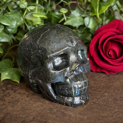Labradorite Crystal Skull 574g with blue green gold flash for spiritual protection, intuition, aura shielding and emotional healing.