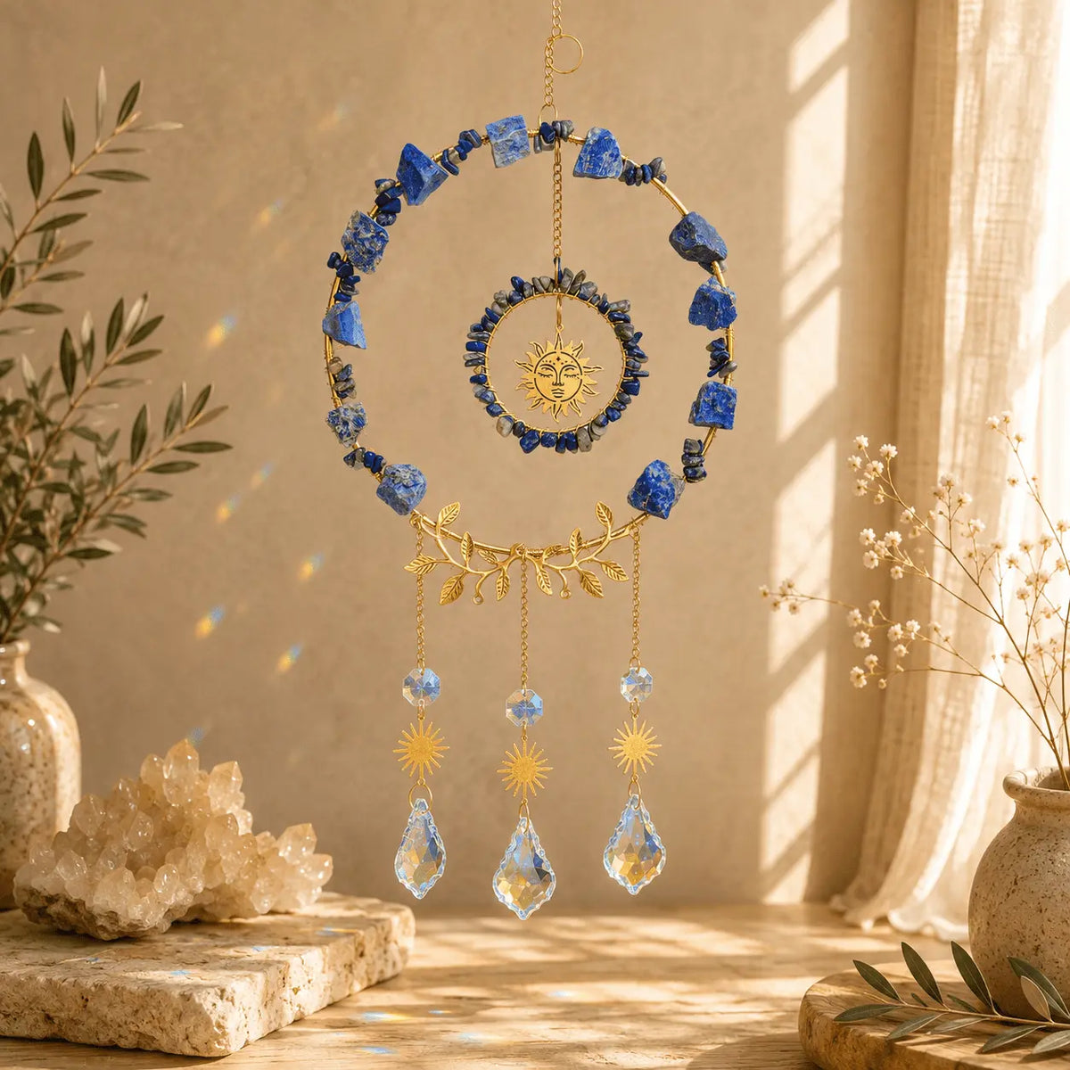 Lapis Lazuli crystal suncatcher with deep blue gemstones, gold sun details and clear crystal prism drops