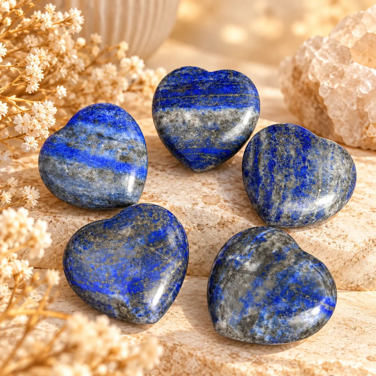Polished blue lapis lazuli crystal heart carving, approximately 3 cm
