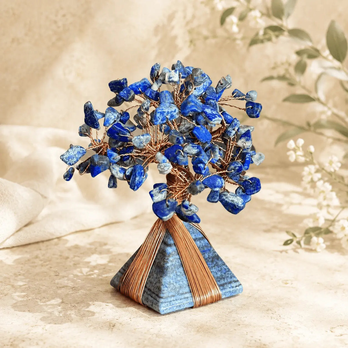 Lapis Lazuli Flowering Crystal Tree Pyramid with blue gemstone chips and copper wire branches