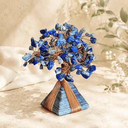 Lapis Lazuli Flowering Crystal Tree Pyramid with blue gemstone chips and copper wire branches