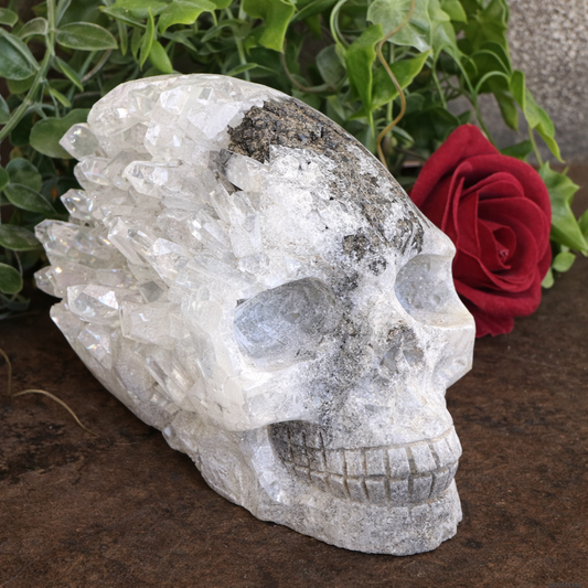 Large Clear Quartz Skull with Pyrite – Master Healer, Abundance & Higher Consciousness (1220g)