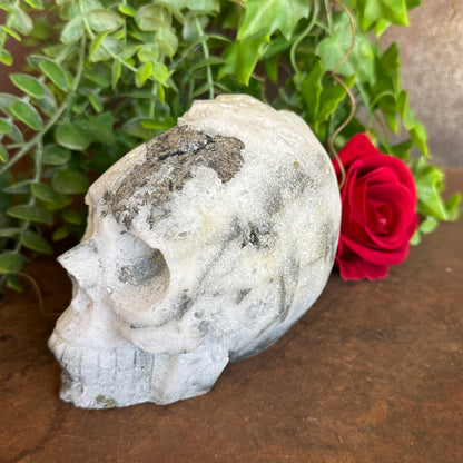 Large Clear Quartz Skull with Pyrite 1220g featuring exposed Clear Quartz cluster and natural Pyrite for spiritual healing, abundance, protection, clarity, and sacred décor