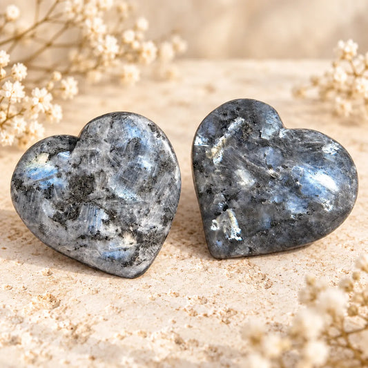Larvikite crystal heart carving 6cm with natural grey and black stone patterns and subtle silver flashes