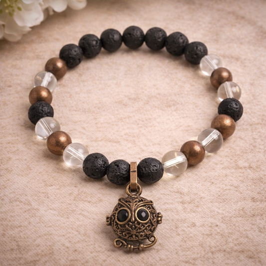Lava, Copper & Clear Quartz Bracelet with Owl Charm - Spiritual Growth, Energy Amplification & Inner Wisdom