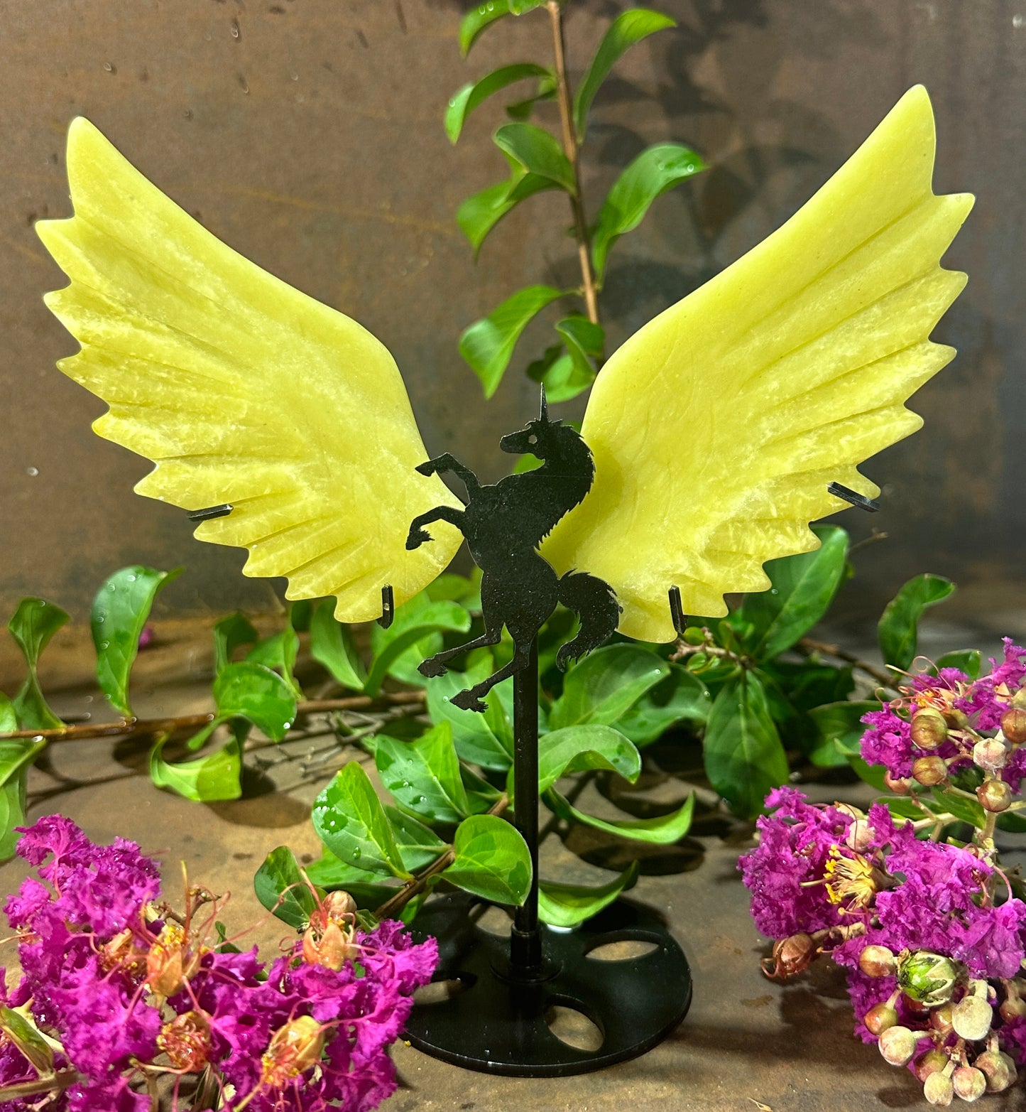 Lemon Quartz Crystal Wings on Unicorn Pegasus Stand – Joy, Abundance & Spiritual Radiance