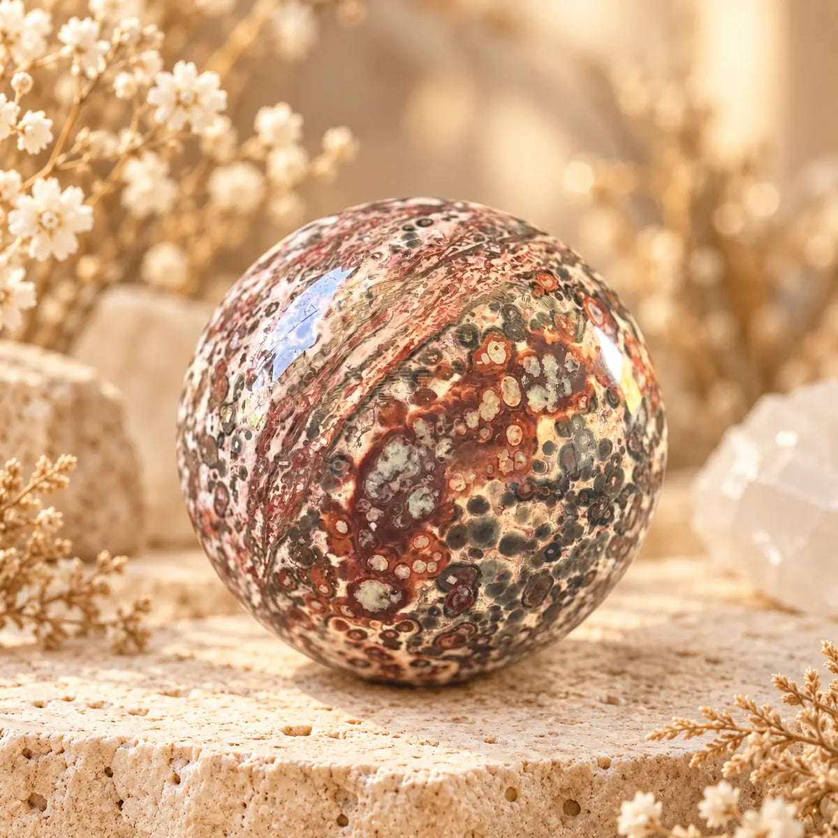Leopard Print Jasper crystal sphere with distinctive earthy spotted natural pattern