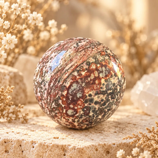 Leopard Print Jasper crystal sphere with distinctive earthy spotted natural pattern
