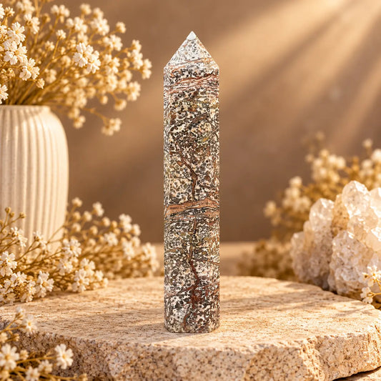 Leopard Print Jasper crystal tower with earthy spotted natural pattern