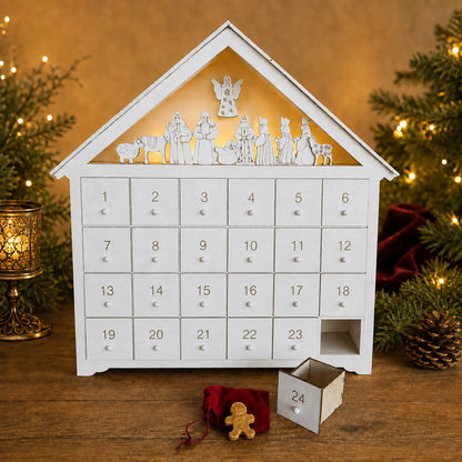 Illuminated wooden Nativity Crystal Advent Calendar with 24 numbered drawers, burgundy pouch and crystal gingerbread man