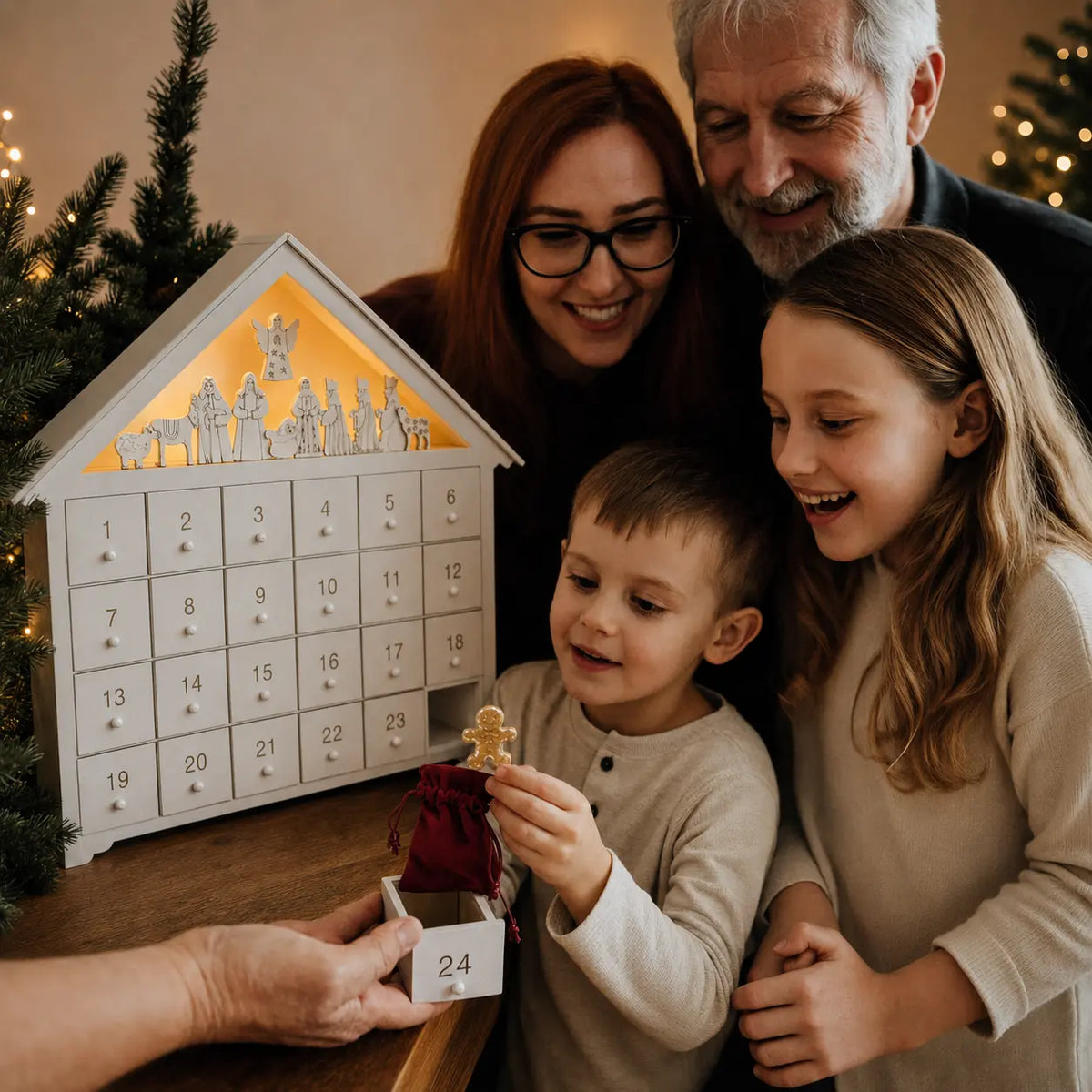 Family opening a crystal gingerbread man from an illuminated wooden Nativity Advent Calendar at Christmas