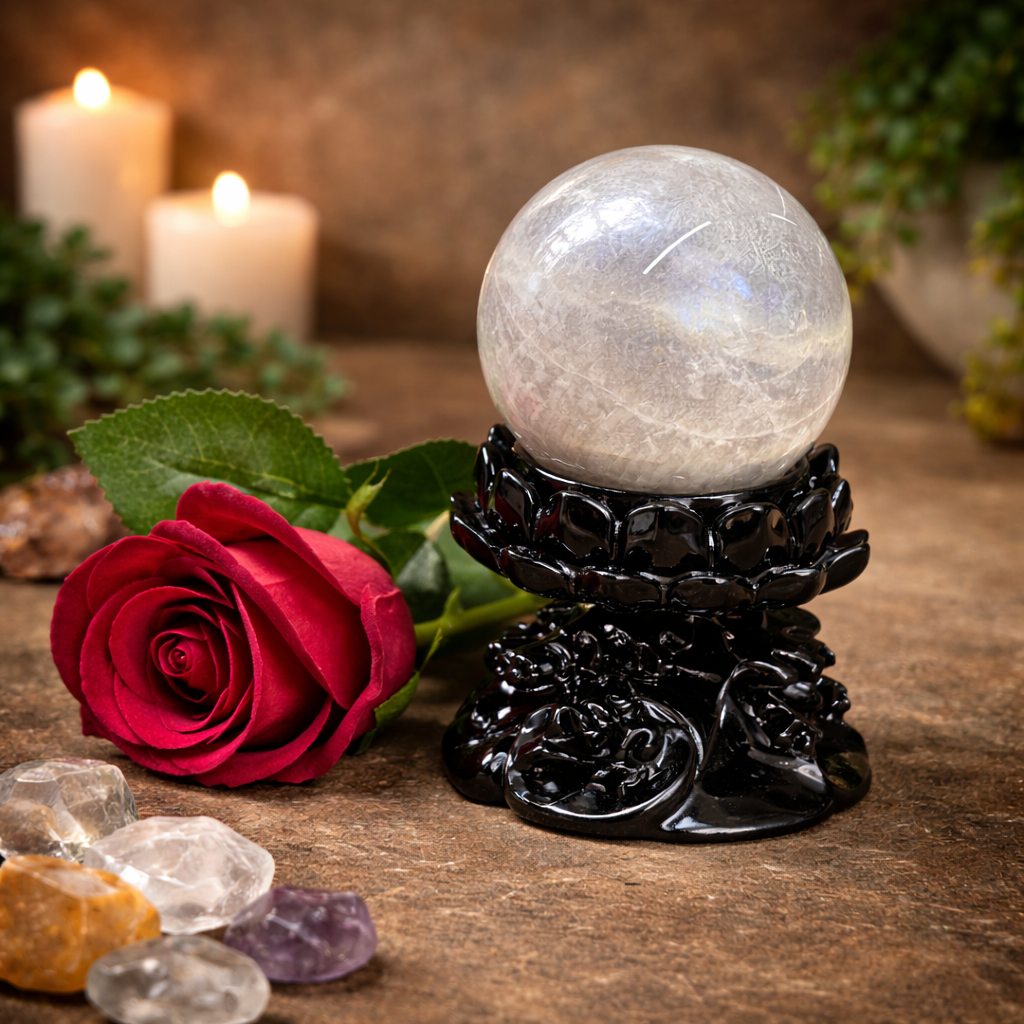 Lotus flower sphere holder Australia, crystal ball stand, black resin lotus crystal holder, altar display stand for spiritual healing and energy alignment