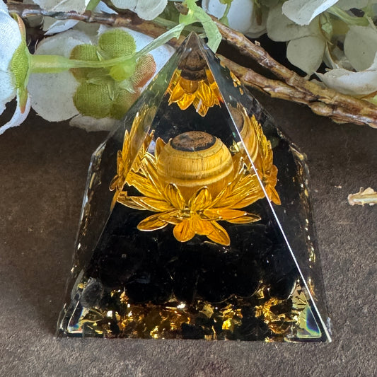 Lotus Orgonite pyramid with Black Obsidian and Tiger’s Eye for protection, grounding, confidence, and energy cleansing