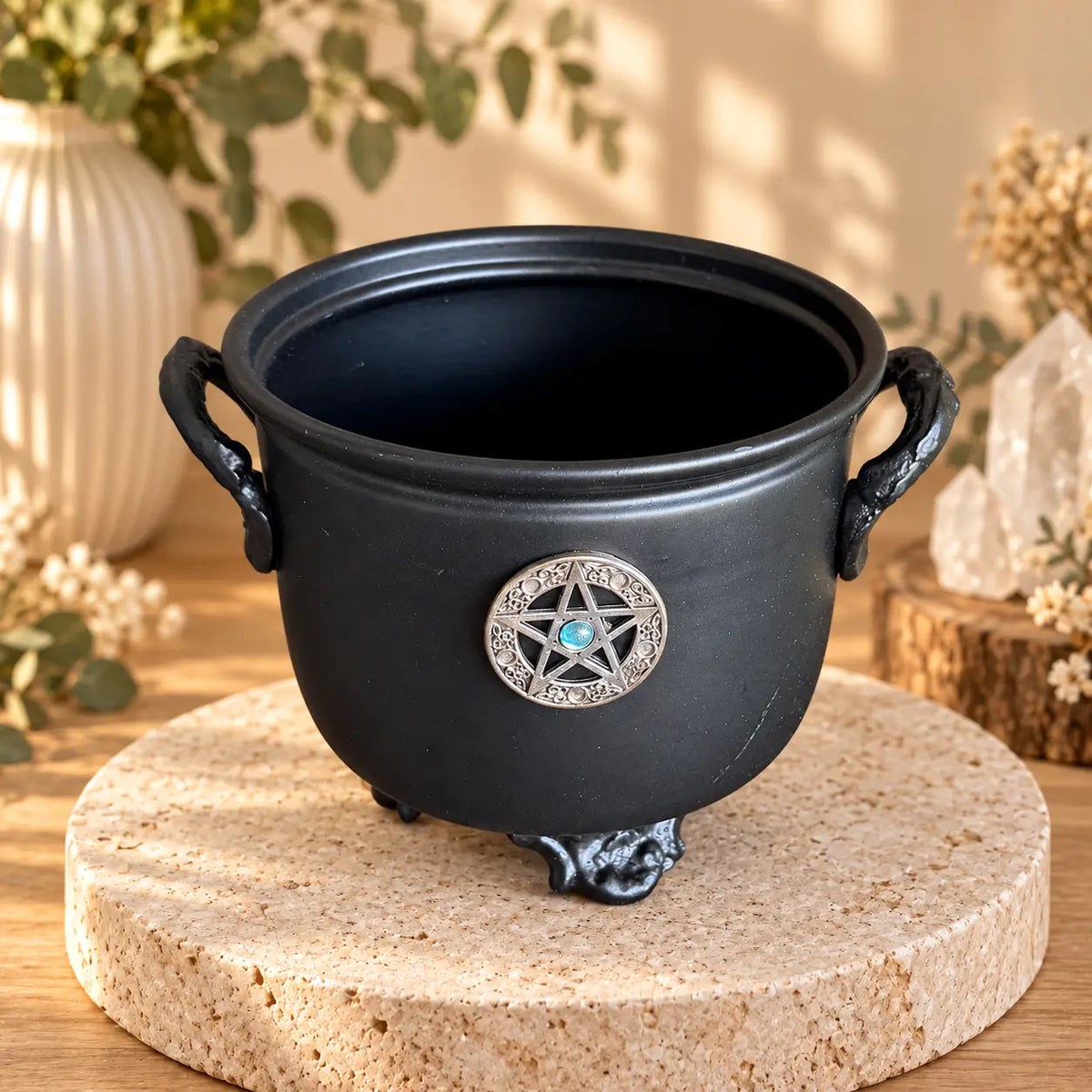 Metal cauldron with pentacle charm for altar and ritual use