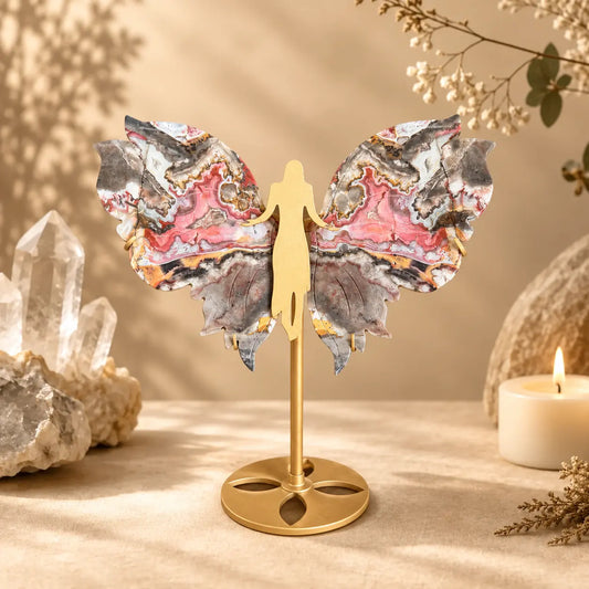 Mexican Agate Crystal Wings on Angel Stand – Grounding, Joy & Divine Protection