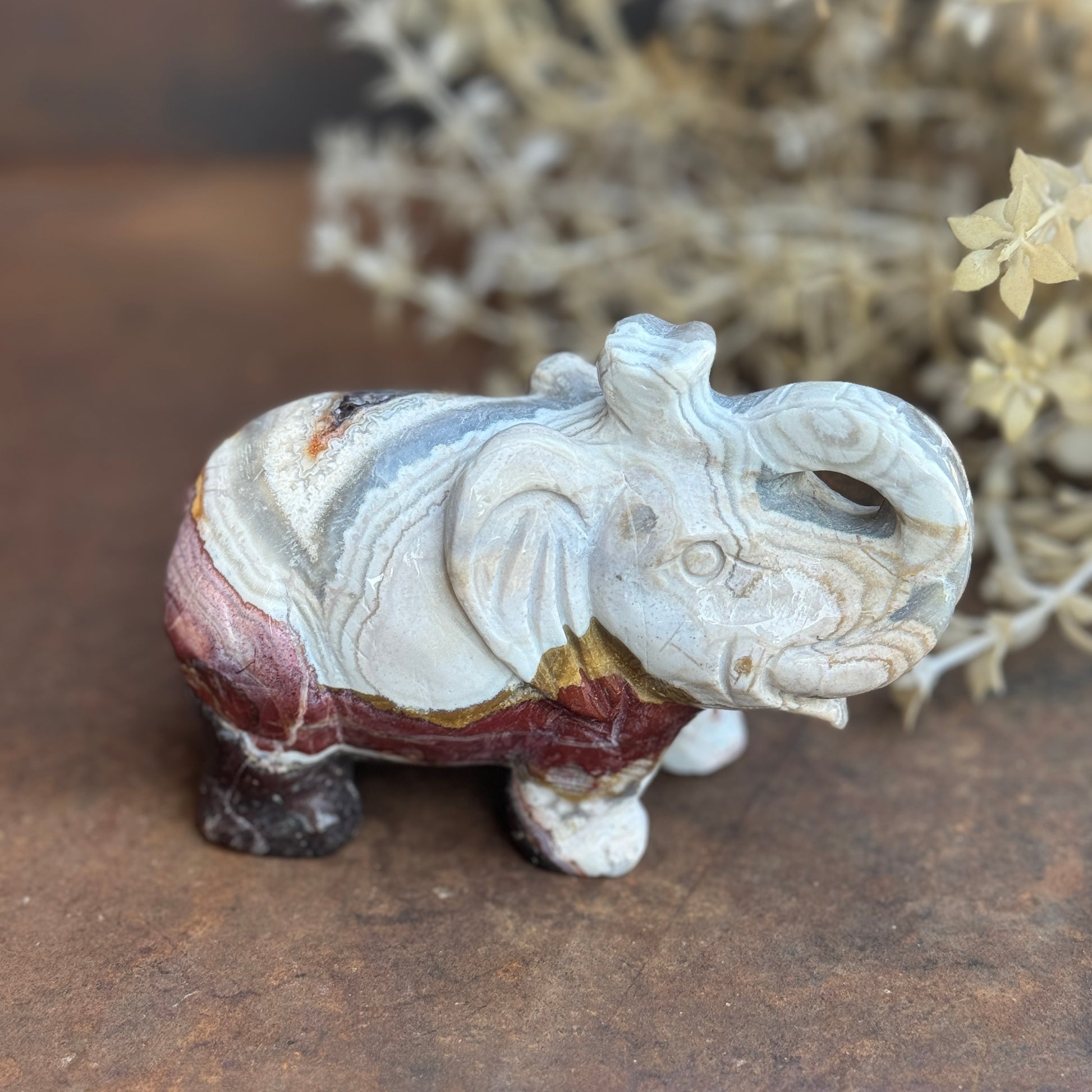 Mexican Agate Lucky Elephant crystal for abundance, grounding, protection and emotional healing