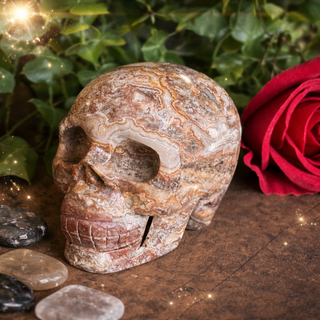 Mexican Agate Skull 540g crystal carving for grounding, emotional healing, protection, intuition and spiritual transformation.