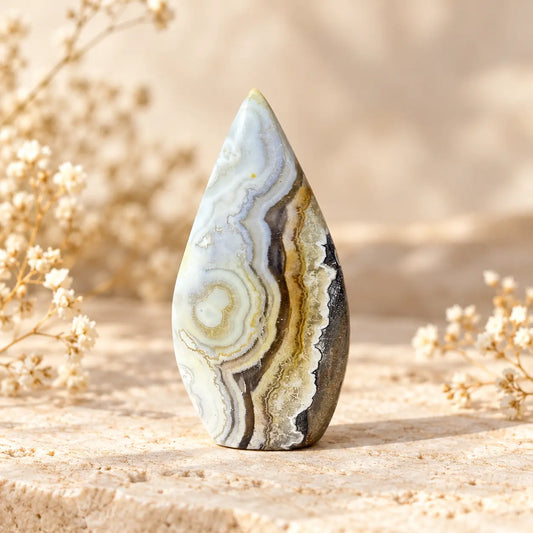 Mexican Lace Agate polished freeform crystal, exact 74g piece with natural patterned stone