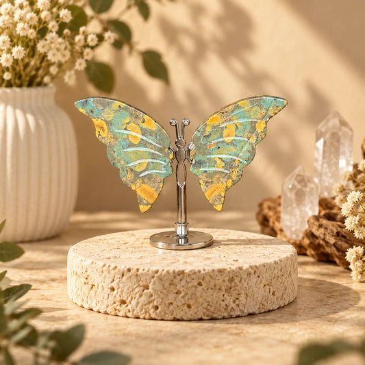 Mini Ocean Jasper Crystal Butterfly 4 on silver-tone stand – exact crystal carving