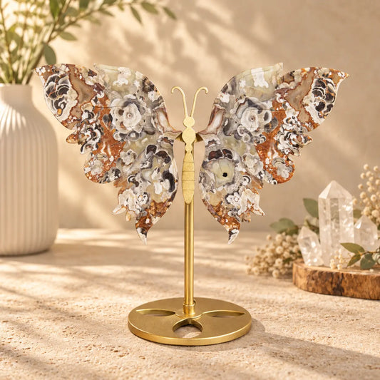 Money Agate Crystal Wings on Butterfly Stand – Abundance, Prosperity & Spiritual Growth