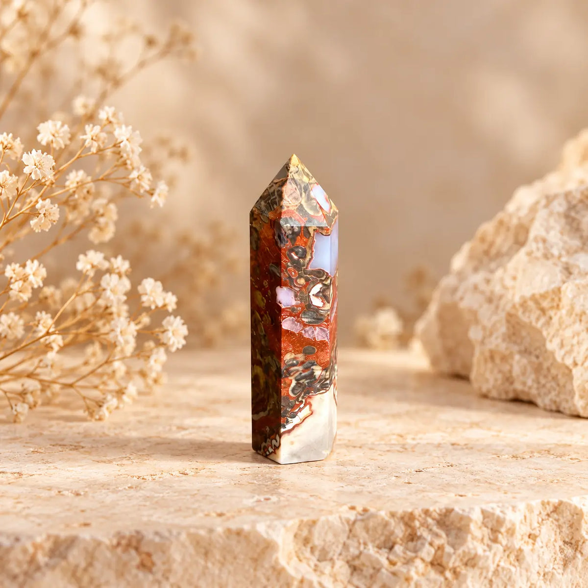 Money Agate crystal tower 71g, approximately 8.7 x 2.2 cm, polished individual crystal with natural agate markings