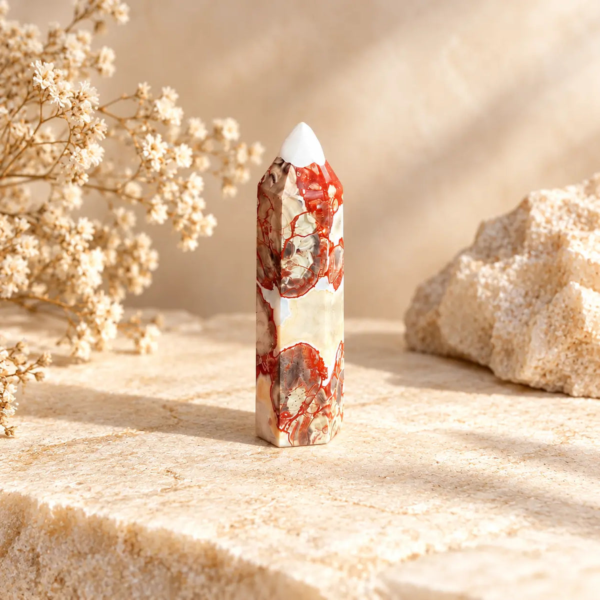 Money Agate crystal tower 78g, approximately 9 x 2.5 cm, polished individual crystal with natural agate markings