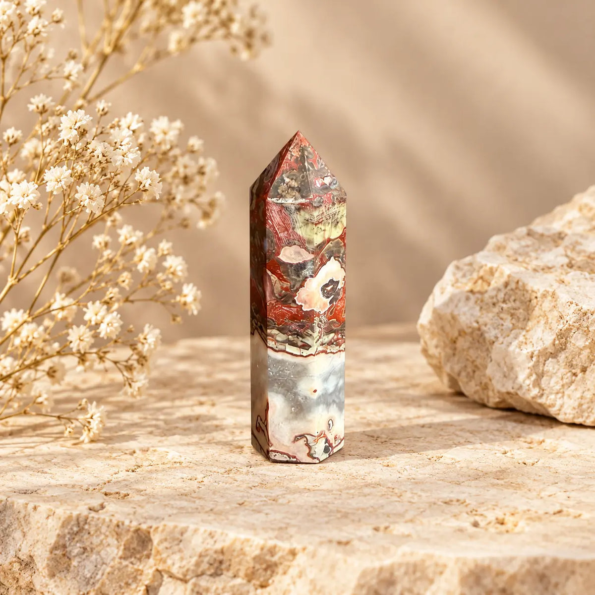 Money Agate crystal tower 82g, approximately 9 x 2.5 cm, polished individual crystal with natural agate markings