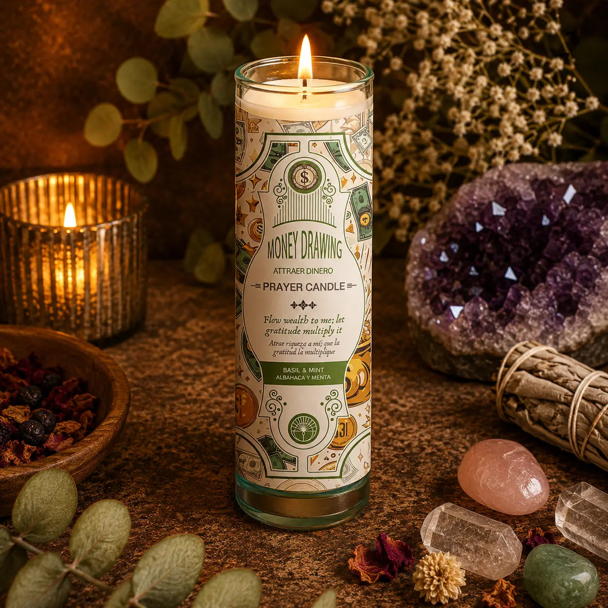 Money Drawing Prayer Candle — Basil & Mint