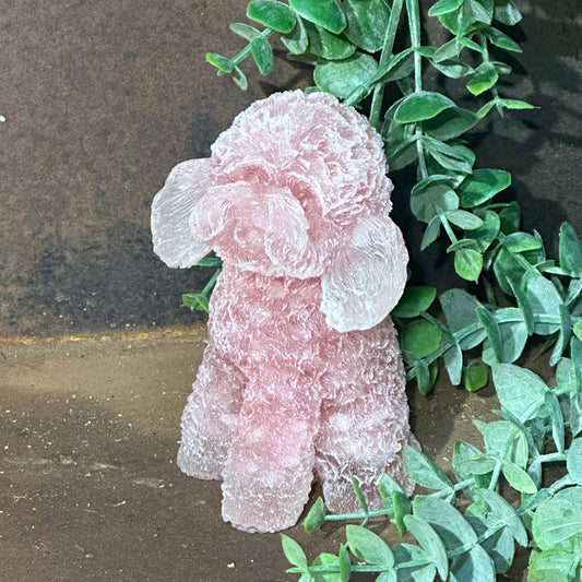 A resin figurine of a Moodle/Cavoodle/Toy Poodle dog filled with crystal chips, displayed against a plant backdrop.
