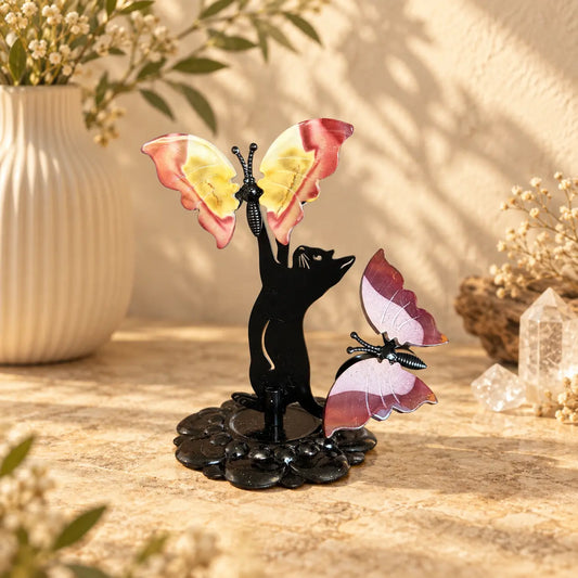 Mookaite butterfly crystal sculpture with two butterflies on black cat stand