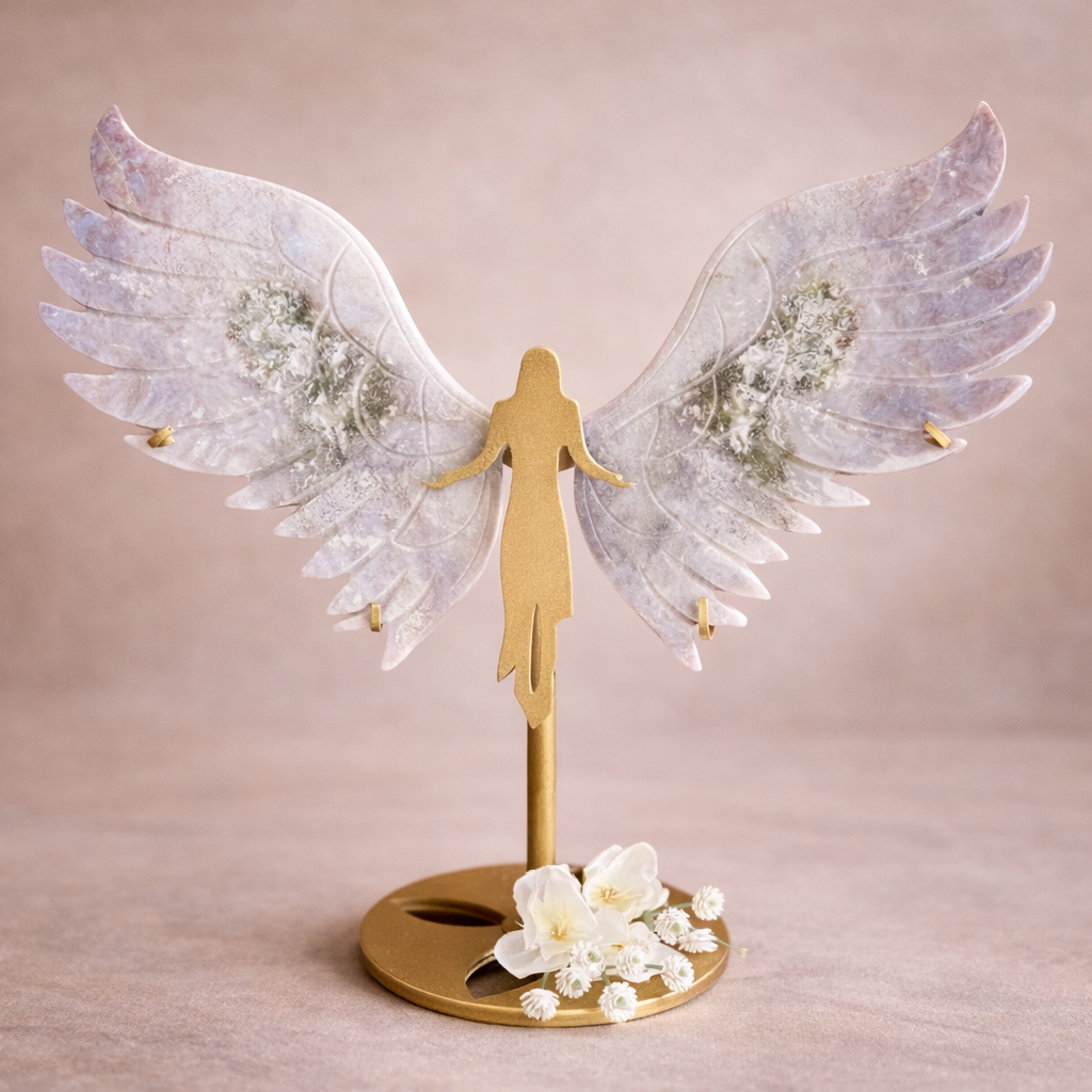 Moss Agate Crystal Wings on Angel Stand – Grounding, Renewal & Divine Protection