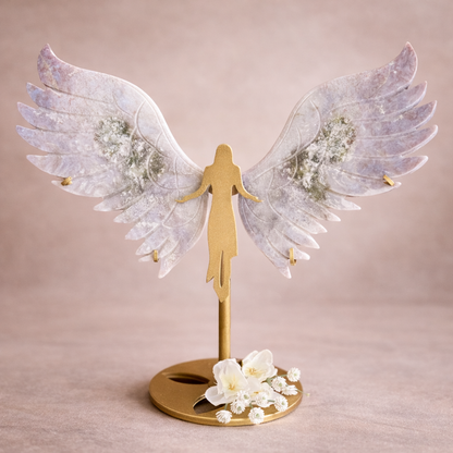 Moss Agate Crystal Wings on Angel Stand – Grounding, Renewal & Divine Protection