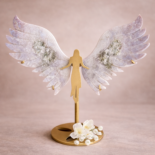 Moss Agate Crystal Wings on Angel Stand – Grounding, Renewal & Divine Protection