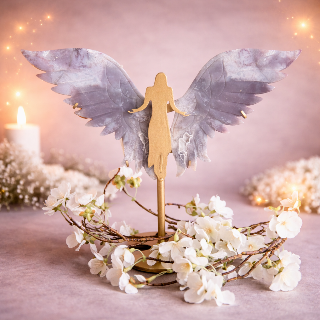 Moss Agate Crystal Wings on Angel Stand green crystal wings spiritual décor grounding balance crystal ornament Australia