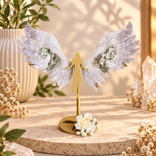 Moss Agate crystal wings on angel stand for grounding, renewal and divine protection