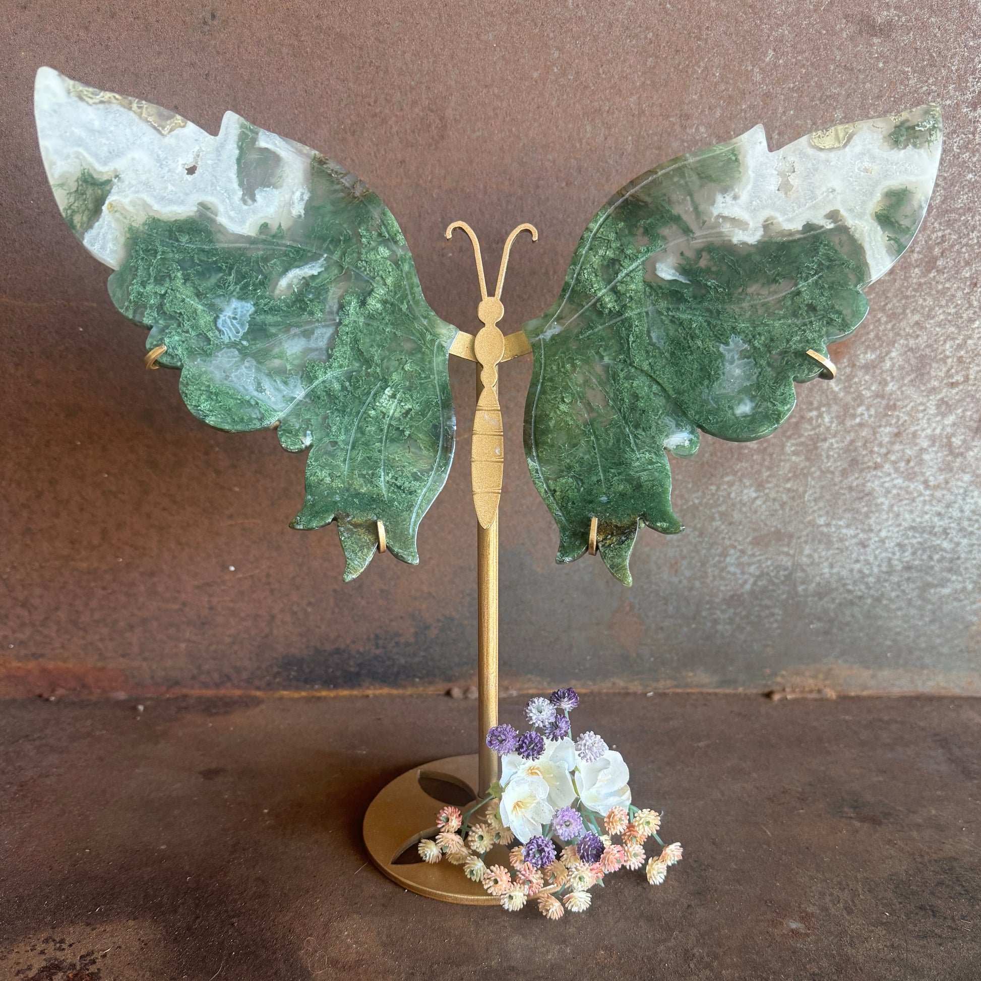 Moss Agate Crystal Wings on Butterfly Stand with natural green stone, gold stand, spiritual décor for emotional healing, grounding, and energy balance