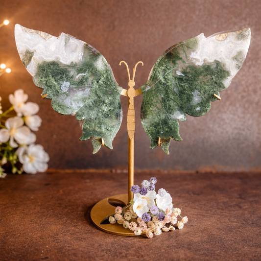 Moss Agate Crystal Wings on Butterfly Stand with natural green stone, gold stand, spiritual décor for emotional healing, grounding, and energy balance