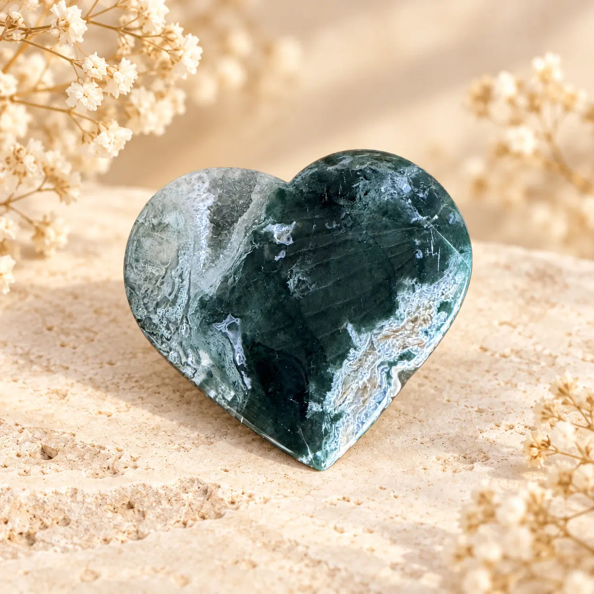 Moss Agate Crystal Heart 153g, exact photographed polished natural crystal heart for abundance, growth and renewal