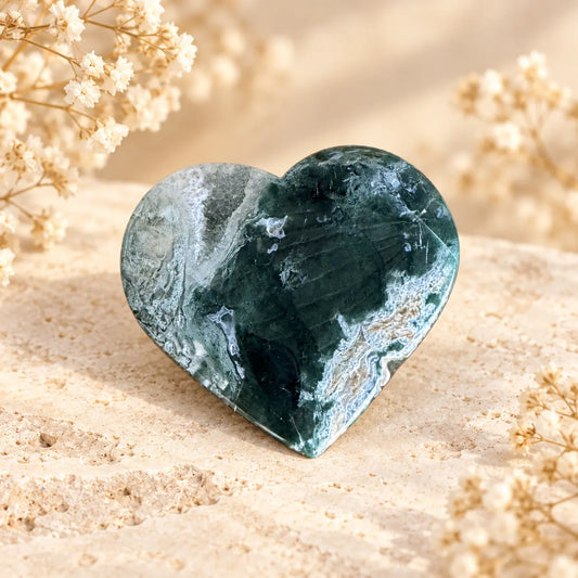 Moss Agate Crystal Heart 153g, exact photographed polished natural crystal heart for abundance, growth and renewal