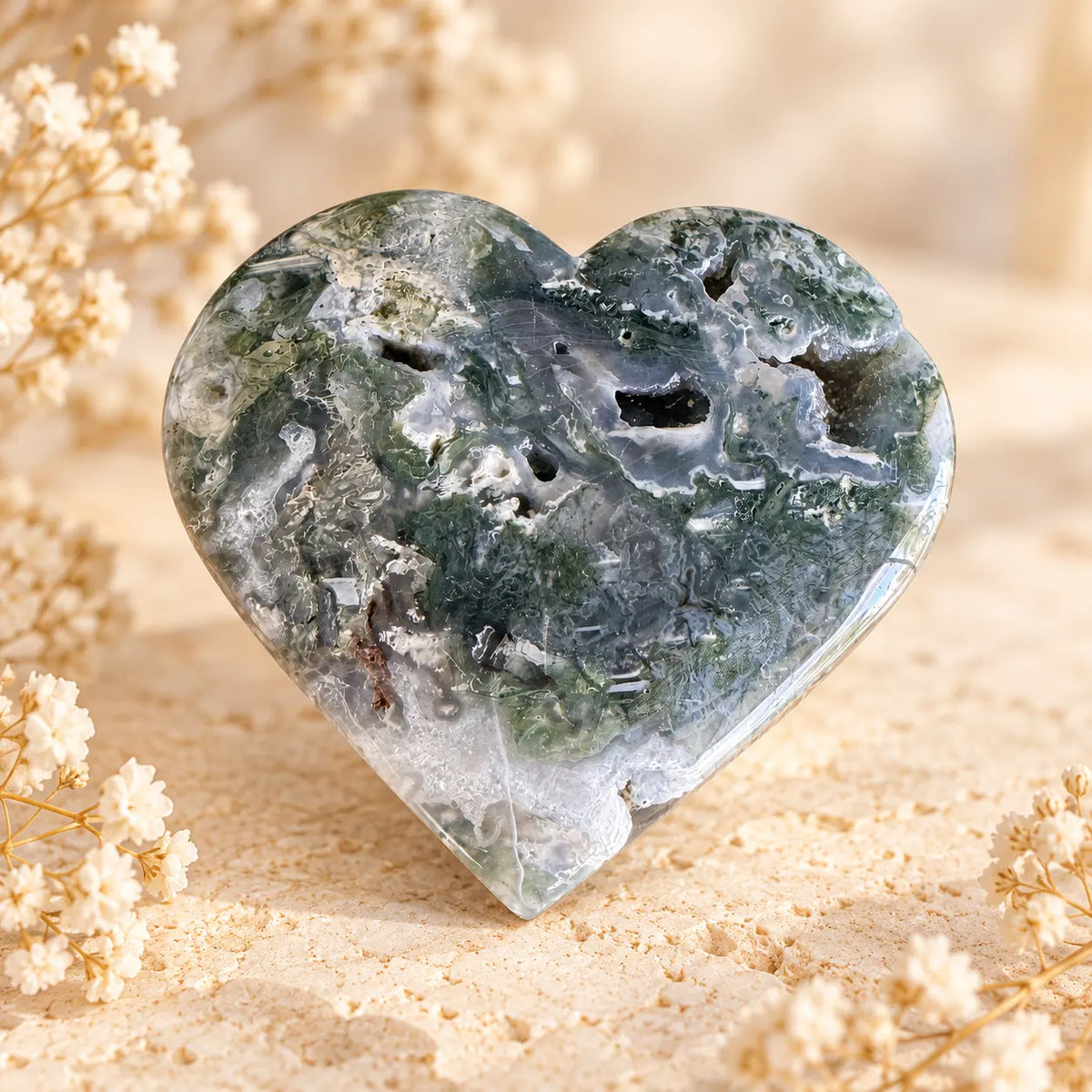 Moss Agate Crystal Heart 242g, exact photographed polished natural crystal heart for abundance, growth and renewal