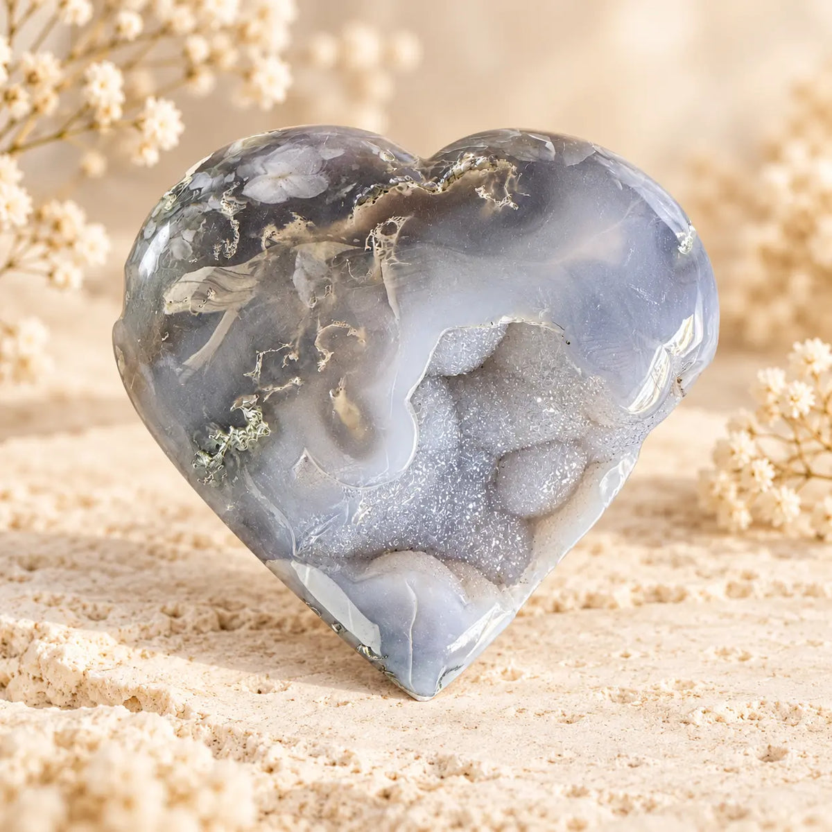 Moss Agate Crystal Heart 528g, exact photographed polished natural crystal heart for abundance, growth and renewal