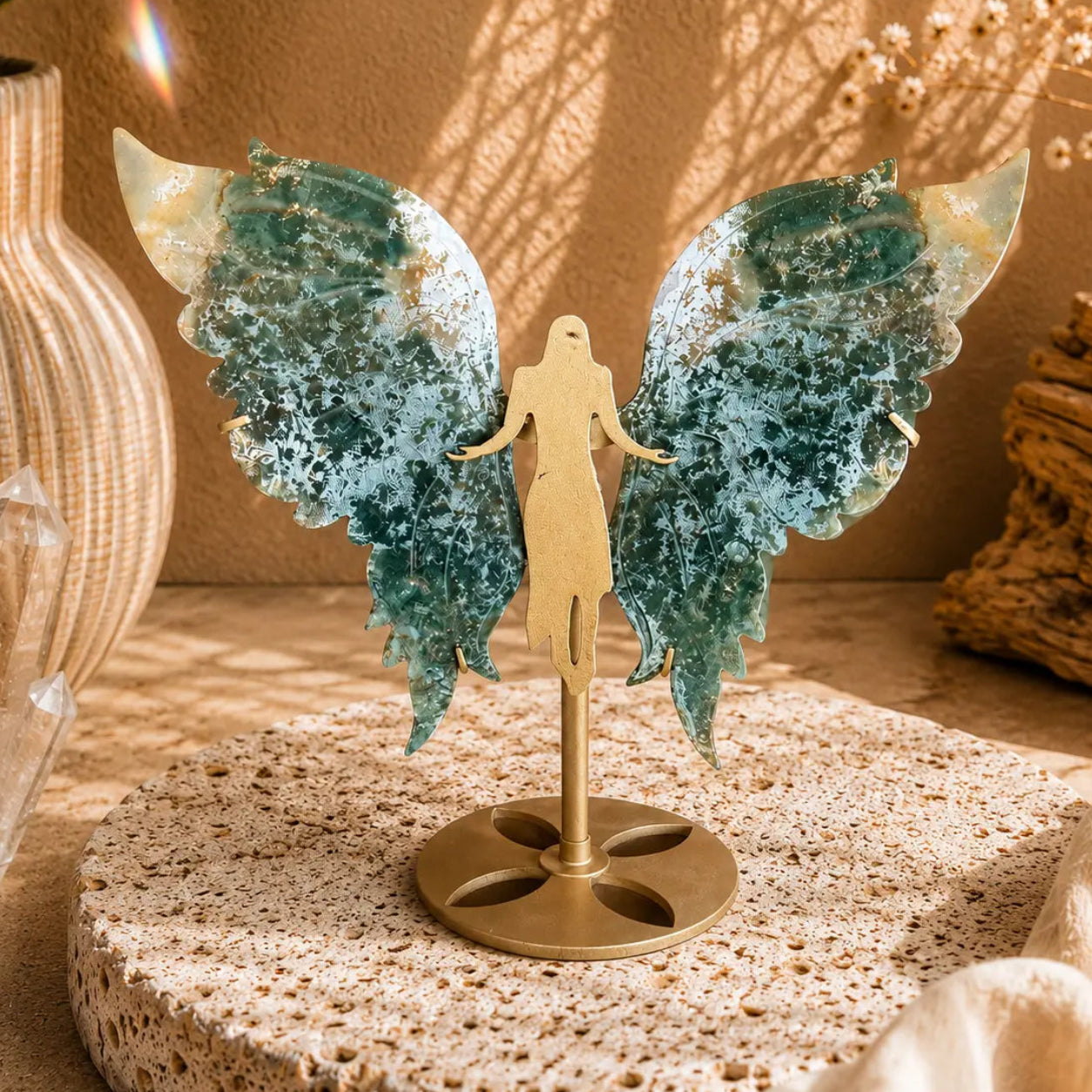 Moss Agate Large Crystal Wings on Angel Stand – Grounding, New Beginnings & Divine Protection