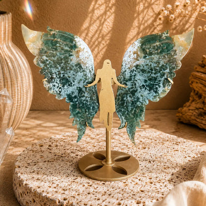 Moss Agate Large Crystal Wings on Angel Stand – Grounding, New Beginnings & Divine Protection