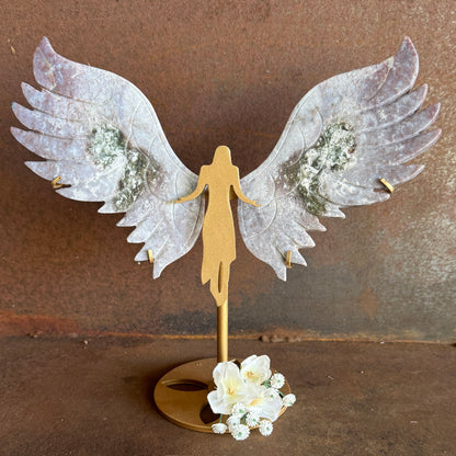 Moss Agate Crystal Wings on Angel Stand – Grounding, Renewal & Divine Protection