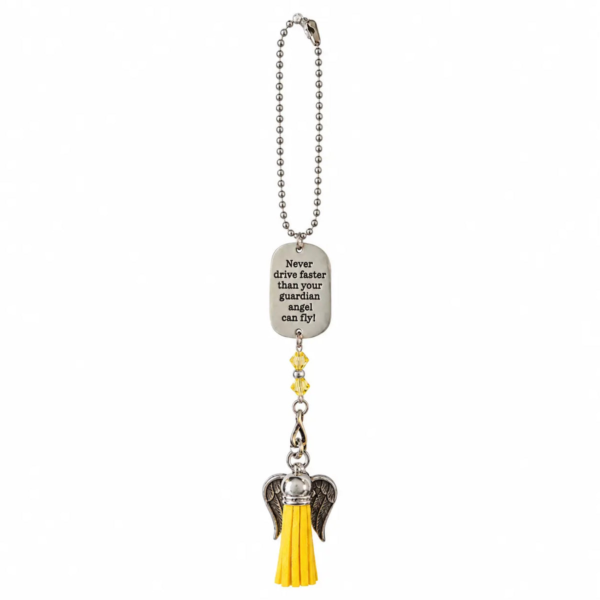 Never Drive Faster Than Your Guardian Angel Car Charm – Yellow Tassel