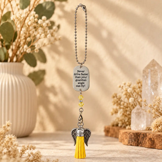 Never Drive Faster Than Your Guardian Angel Car Charm – Yellow Tassel