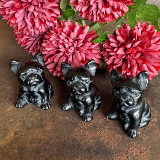 Obsidian French Bulldog crystal carving approx. 5cm for spiritual protection, grounding, emotional healing, strength and dog lover gift