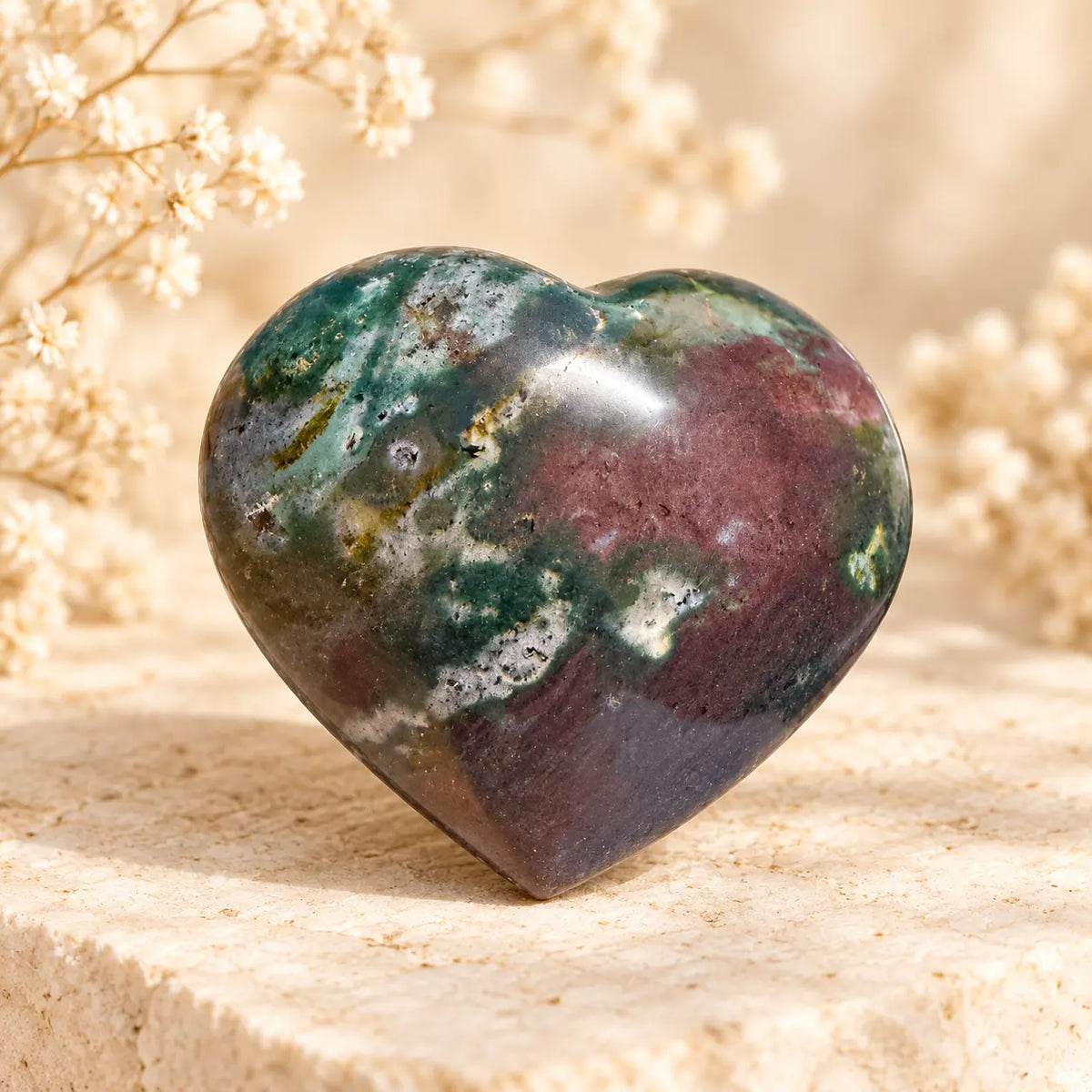 Ocean Jasper crystal heart 207g – photographed front side